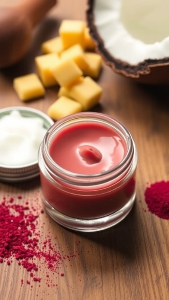 A jar of toasted lip tint with natural ingredients like beeswax and coconut oil on a wooden surface.